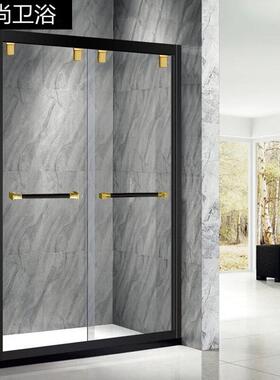 生新中式断家用冲凉VTB房卫间双活玻璃隔洗浴屏黑色一字型淋浴D7