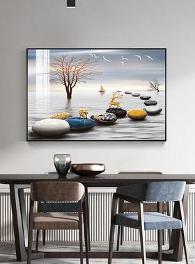 轻奢餐厅装饰画麋28854鹿蓝现色象厅挂画代简约横幅饭厅抽餐厅歺画壁画