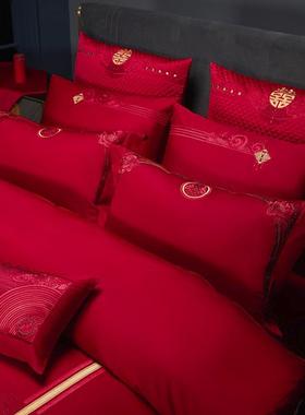 九喜狐婚XMF置庆四家纺大红色结婚床用品新婚全棉套婚件房布步步