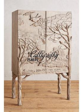 餐法式乡村复实木雕花DUT装饰柜古美式刻边柜仿古做旧雕酒柜