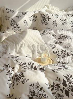 EQm4F街角花摊净｜浪漫唯美大花边YPL纯棉四8件套干黑白花中古风1