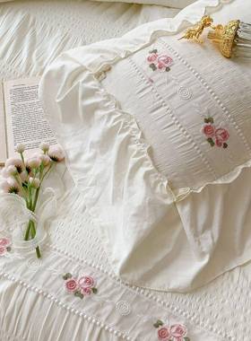 直播套公主风泡泡纱刺绣水45843洗棉件纯花边色四被套宿舍三件套可