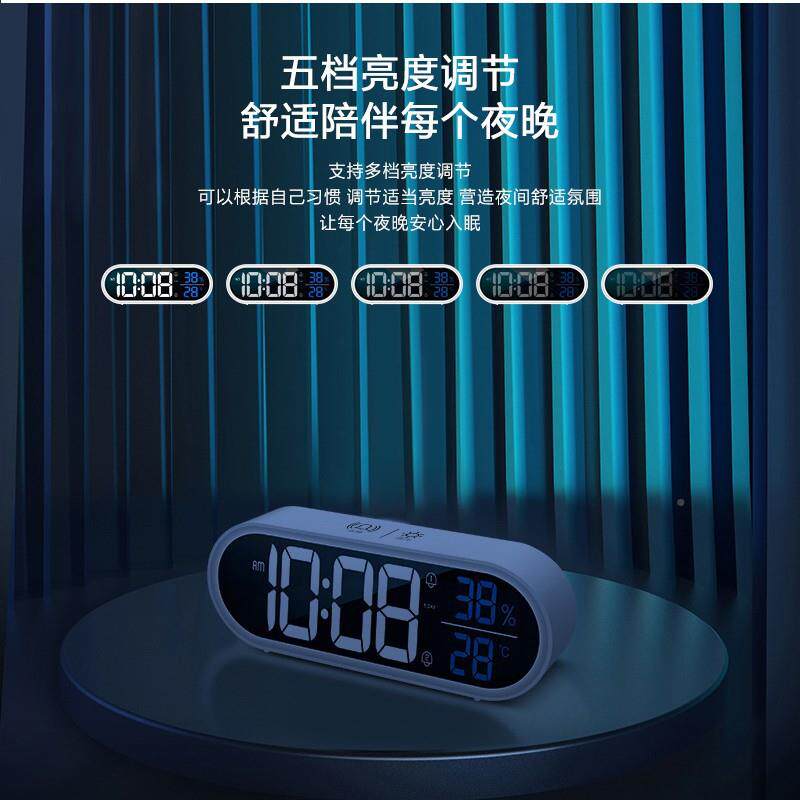 创意镜面LED数显闹钟大贪屏睡闹钟钟智能音乐时QOW字体度可亮调