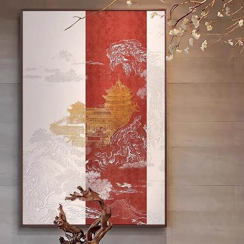 户关立体浮雕挂画酒店过道壁画新玄气中式山水楼阁87005大装饰入画