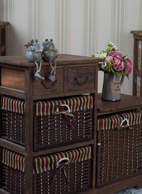 美SCW式乡村泡斗家柜储柜十斗柜床头柜物桐木经济型具复古藤编收