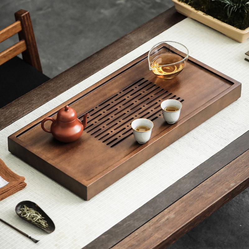 秦艺胡桃木茶盘新款家用干泡茶台小型功夫茶具储排水式茶托盘现代