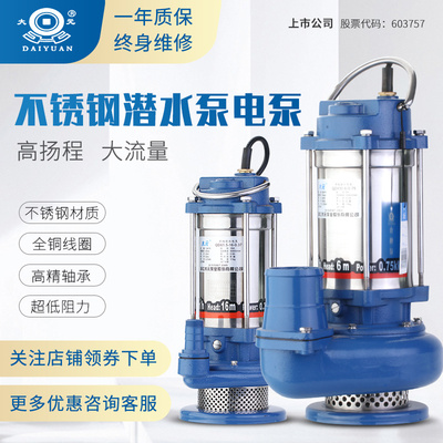 大元水泵不锈钢潜水泵排污水泵家用农用灌溉耐腐蚀水泵220v/380V