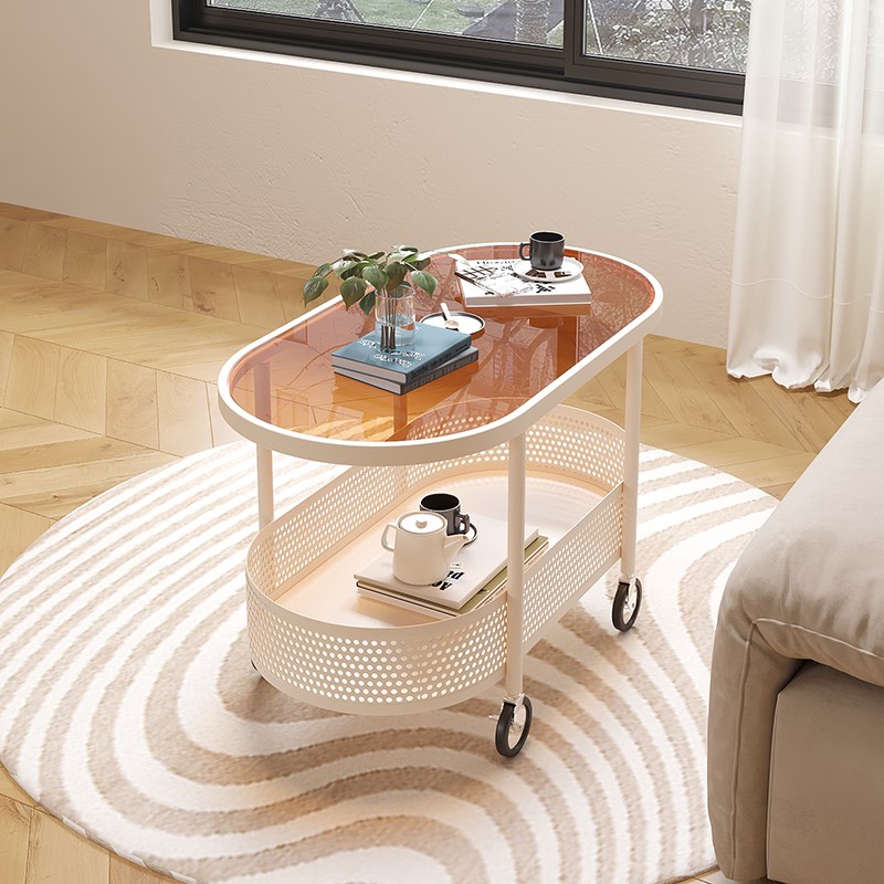奶油风可移动茶几小户型客厅家用沙发边几桌带轮床头玻璃小推车
