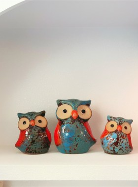 创意可爱猫头鹰一家三口摆件客厅电视柜幼儿园家居装饰摆设工艺品