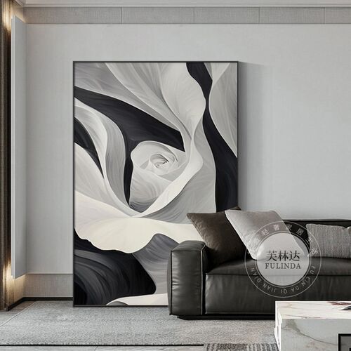 黑白灰客厅装饰画抽象花卉高级感沙发背景墙壁挂画竖版肌理砂岩画