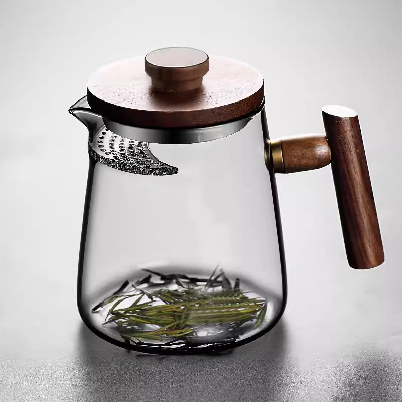 月牙玻璃茶壶茶水分离自带过滤绿茶泡茶杯木把公道杯煮茶带盖子茶