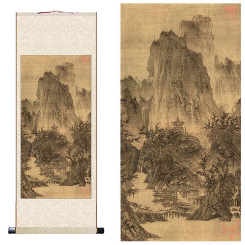 北宋李成晴峦萧寺图国画山水画复制真迹复制书房客厅装饰卷轴挂画