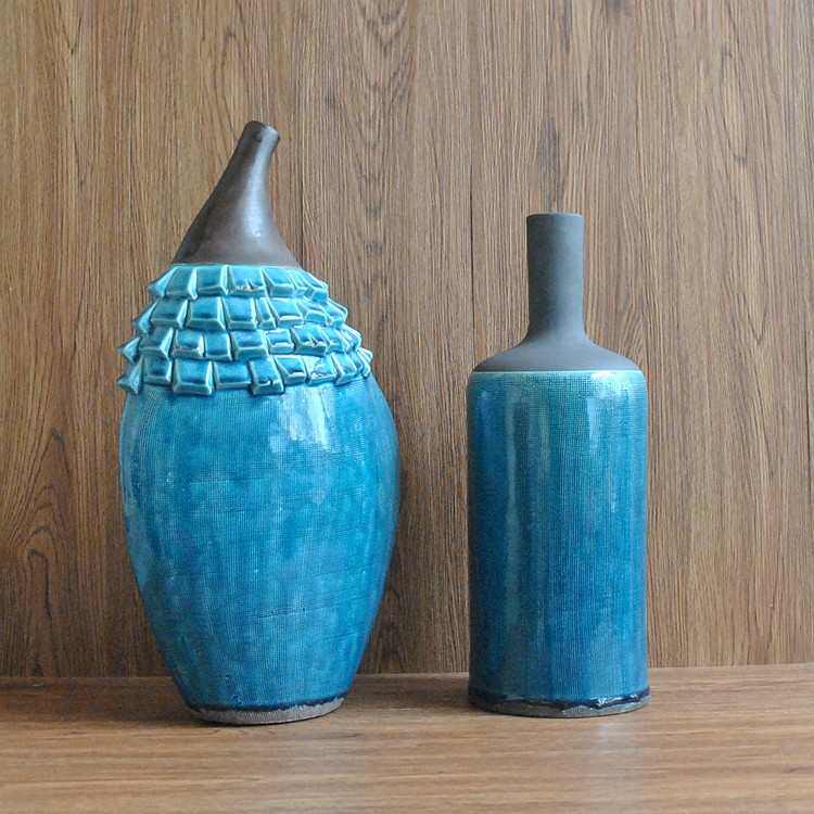 现代欧式新古典陶瓷哑样板间光细纹蓝色家居拼接细口摆设花瓶饰品