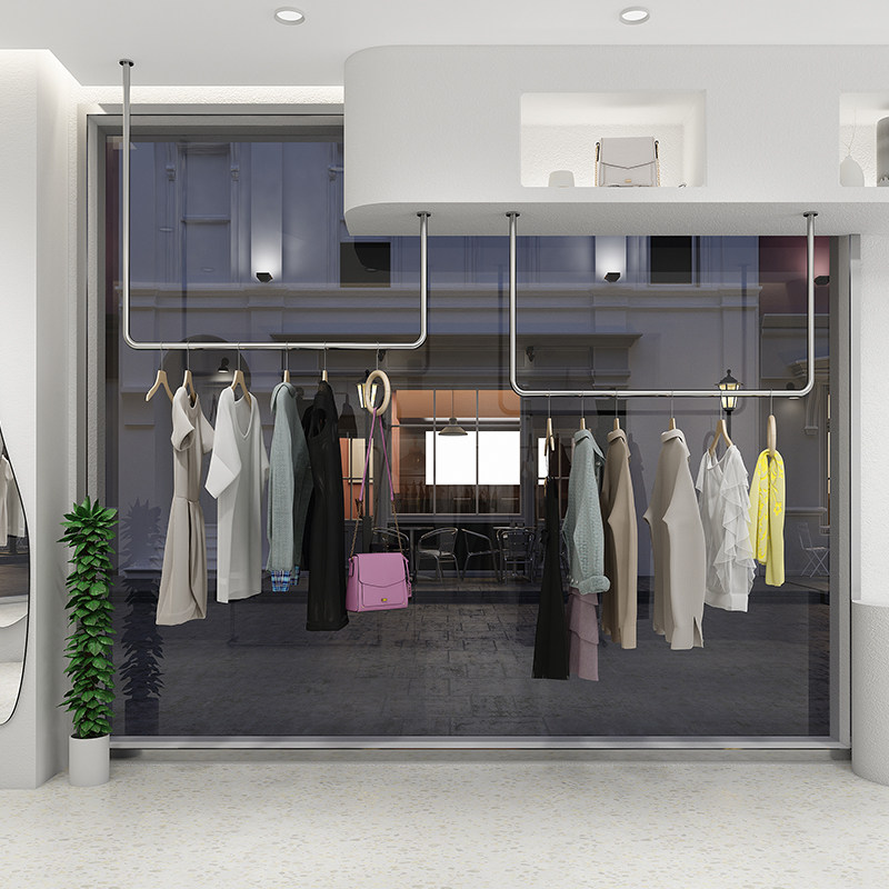 服装店展示架银色吊顶不锈钢悬挂陈列架衣架吊架上墙吊环女装货架