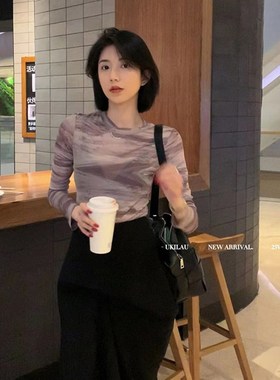 水墨画薄款网纱长袖T恤女新款时尚打底圆领上衣