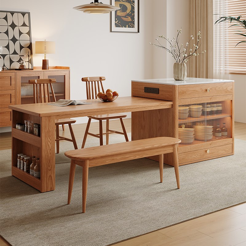 实木岛台餐桌一体家用可伸缩厨房中岛台小户型胡桃木原木风倒台