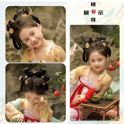 儿童汉服古装假发一体式唐风发髻假发包女童发饰假发蝴蝶古风造型