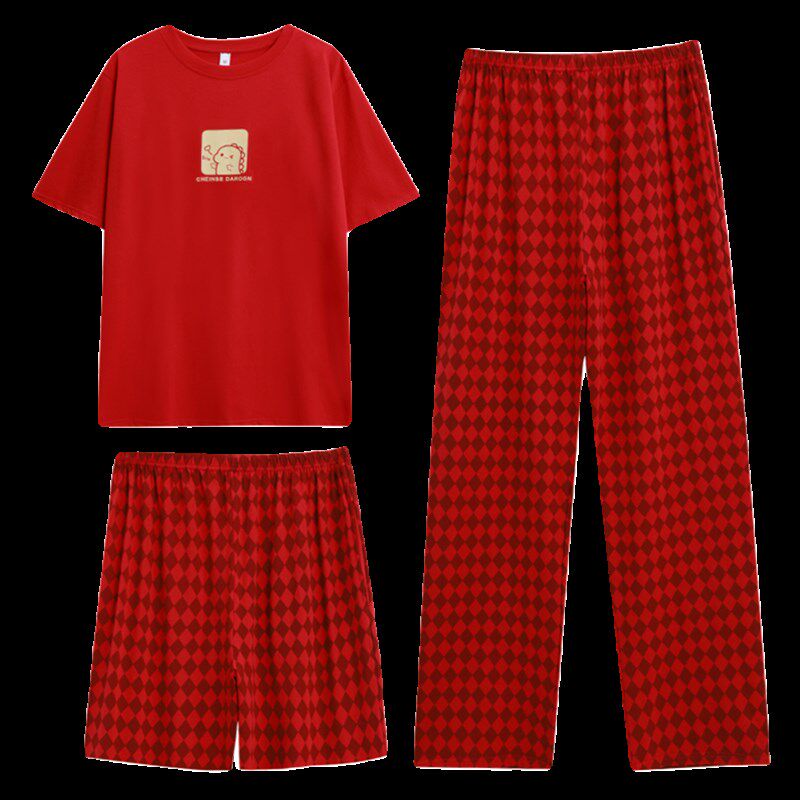 新年红色睡衣情侣夏季纯棉薄款短袖三件套装男女士大码卡通家居服