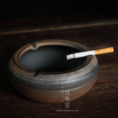 鎏金粗陶烟灰缸复古手工日式 古早烧铁釉烟缸陶瓷家居饰品摆件