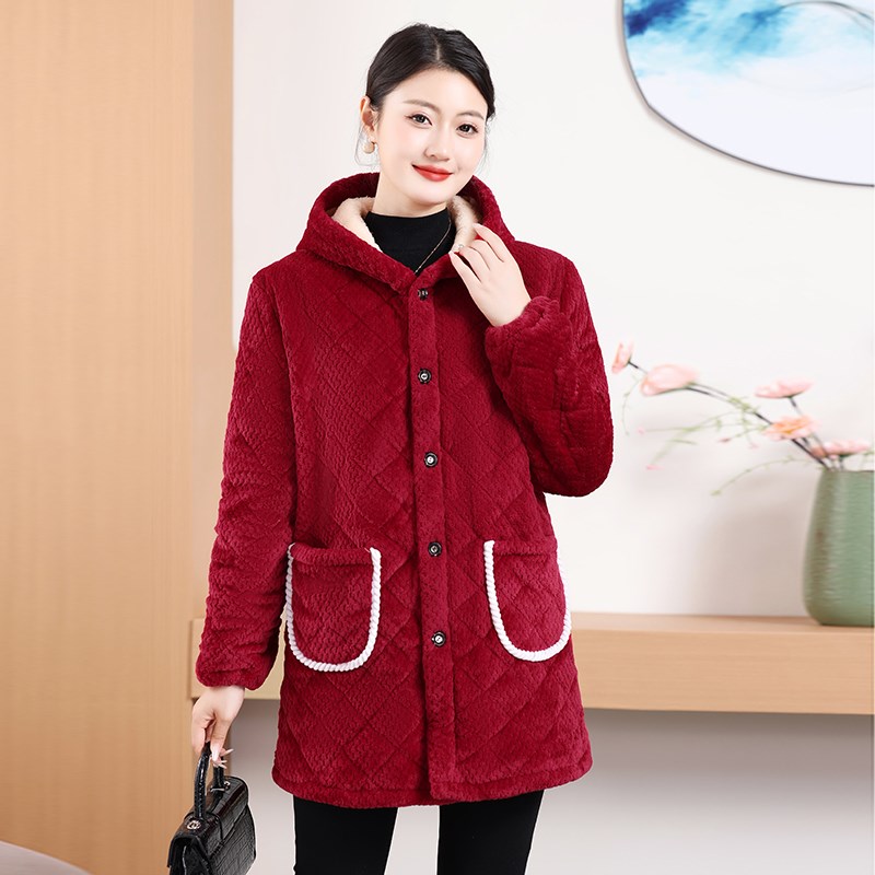 冬季加绒加厚罩衣女外套三层加厚法兰绒家居服工作服防寒保暖棉服