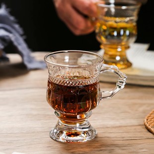 复古浮雕高脚杯家用玻璃杯琥珀色咖啡杯下午茶杯子酒杯小号饮料杯