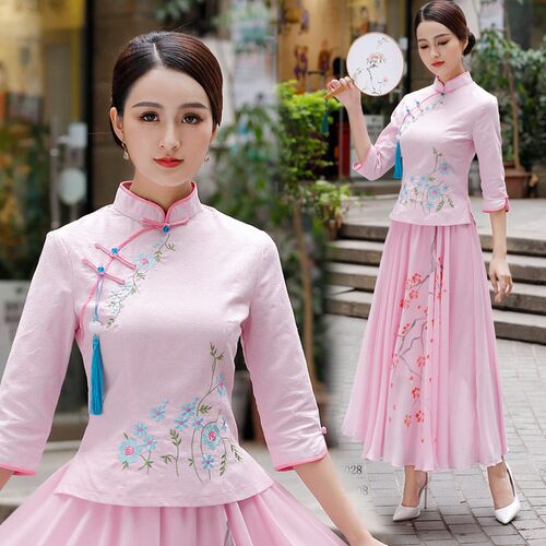 春秋季绣花中式复古民族中国风中袖唐装旗袍衣两件套茶汉服女上衣