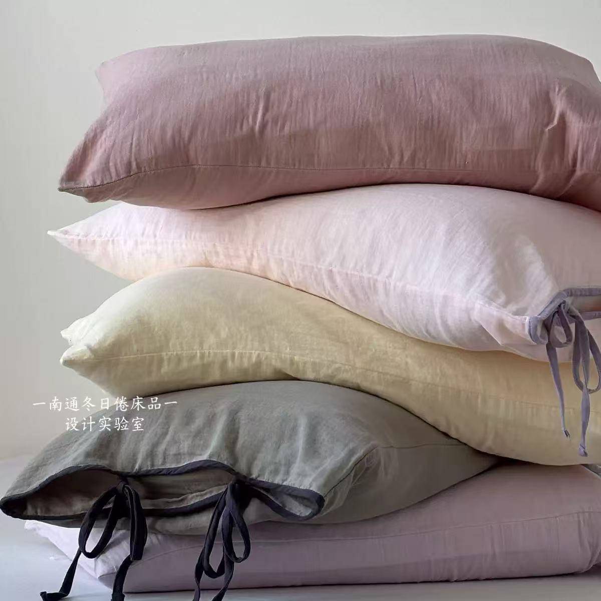 绑带蝴蝶结全棉双层纱布枕套~婴幼儿A类透气纯棉枕头套枕芯内胆套