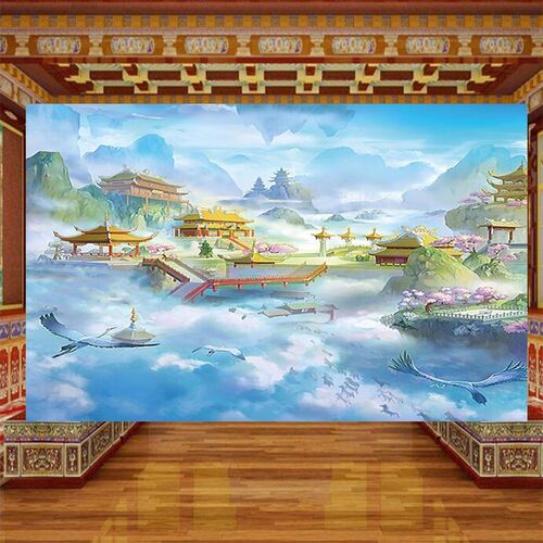 仙境天宫天庭墙纸仙鹤祥云宫殿仙道佛家装饰壁画佛堂山水画背景墙