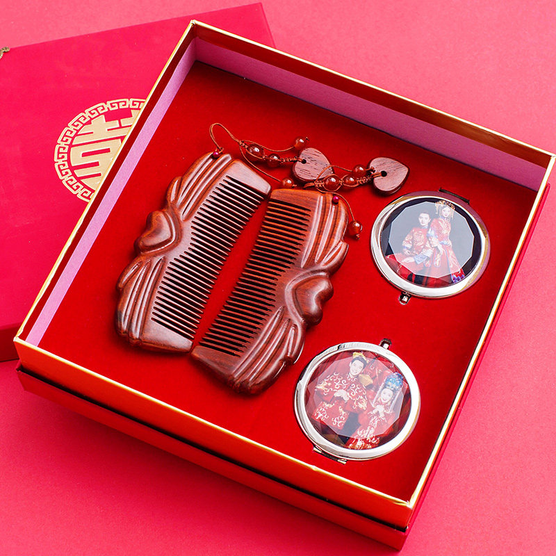 结婚用的对梳红木红色紫檀喜梳子镜子套装新娘陪嫁一对高大尚檀木