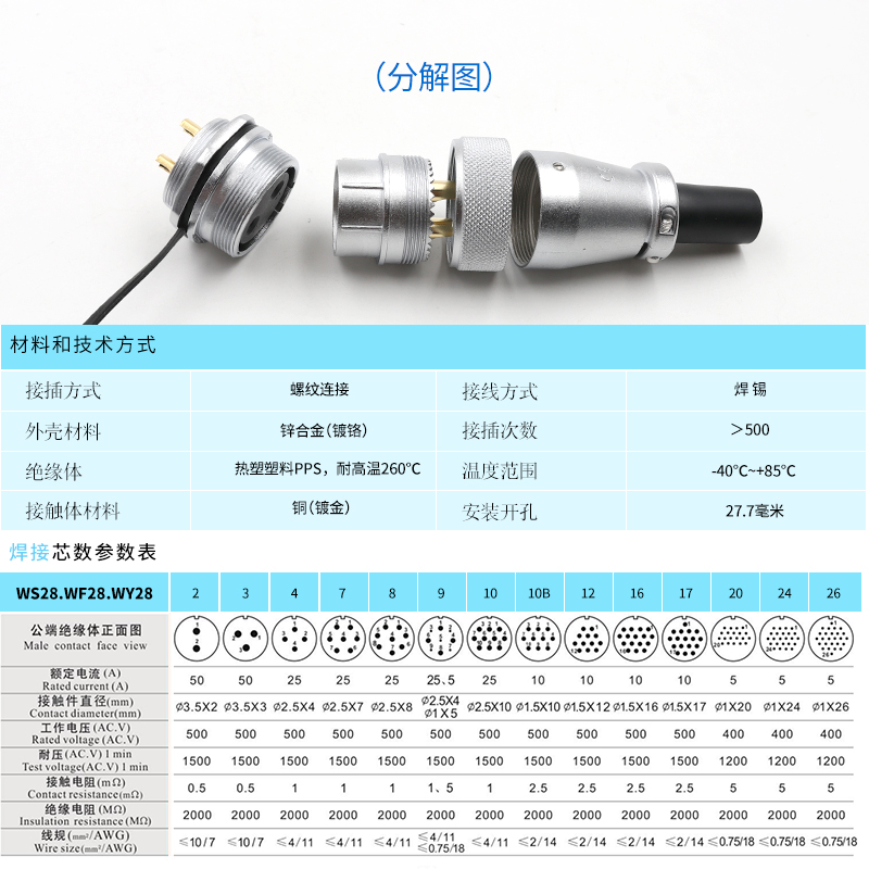 威浦航空插头插座WS28-2-3--7-8-9-10--1-17-20-2-2芯TQ/ZM