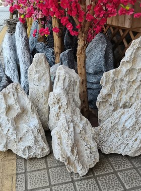 假石头景观石米白色玻璃钢石头仿真工艺酒店园林庭院假山造景摆件