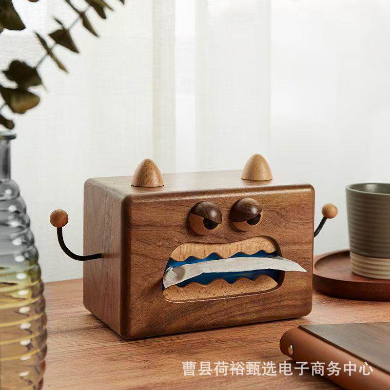 胡桃木纸巾盒小怪兽木制客厅餐桌纸巾盒收纳家用卡通侧抽式抽纸盒