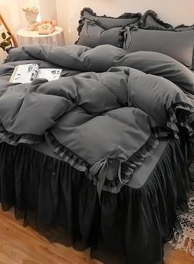 简纯色水磨毛蝴床蝶结蕾丝罩四约件套床裙亲肤被LLA75075套厂洗家