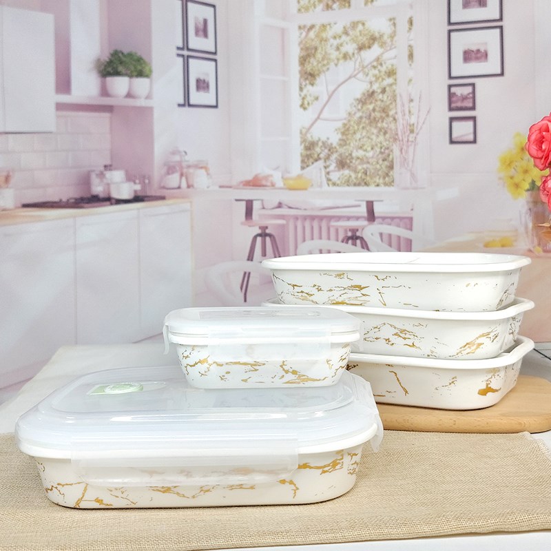 四格分格盘食品级陶瓷饭盒带盖分隔型微波炉专用上班族大容量饭盒