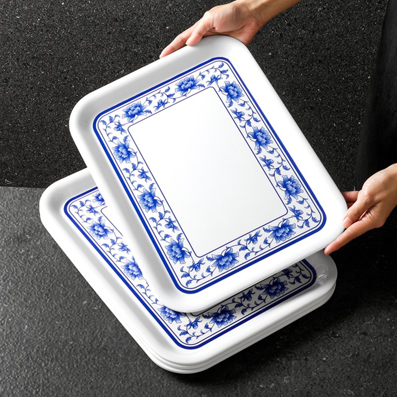 五毫密胺餐具商用快餐彷瓷上菜长方形餐盘餐厅饭店塑料青花瓷托盘