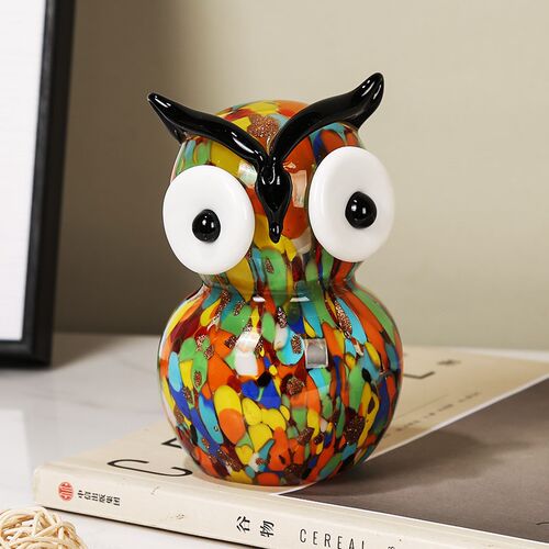 彩色猫头鹰动物琉璃艺术可爱摆件设计师款客厅酒柜样板房桌面装饰
