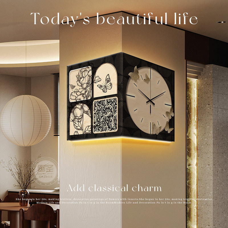 中古风客厅背景墙转角时钟装饰画双面阳角拐角挂钟带钟表法式壁画