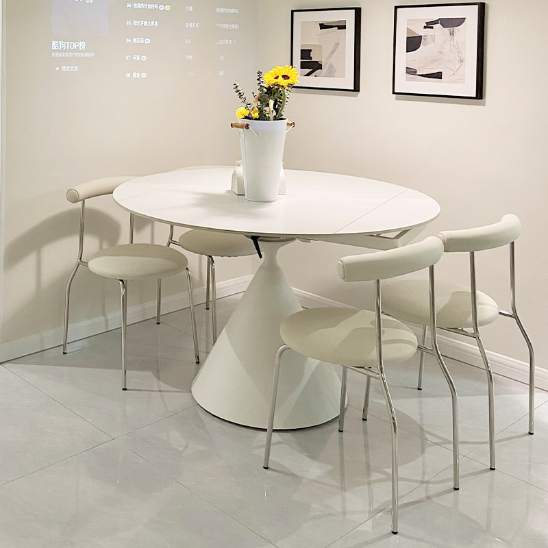 伸缩餐桌奶油风岩板餐桌方圆两用哑光白色小户型旋转可伸缩圆餐桌