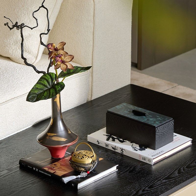 中式客厅边几陶瓷艺术摆件茶具复古鼎托盘装饰盒家饰软装搭配套装