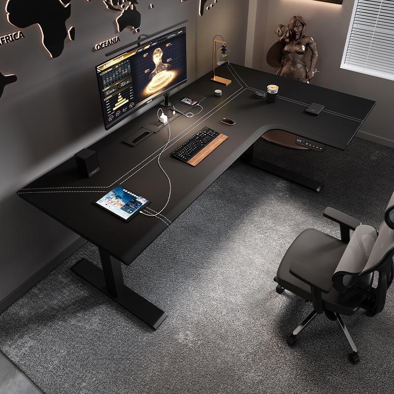 转角电动升降桌L型拐角皮面实木工作台书桌家用电脑桌学习办公桌