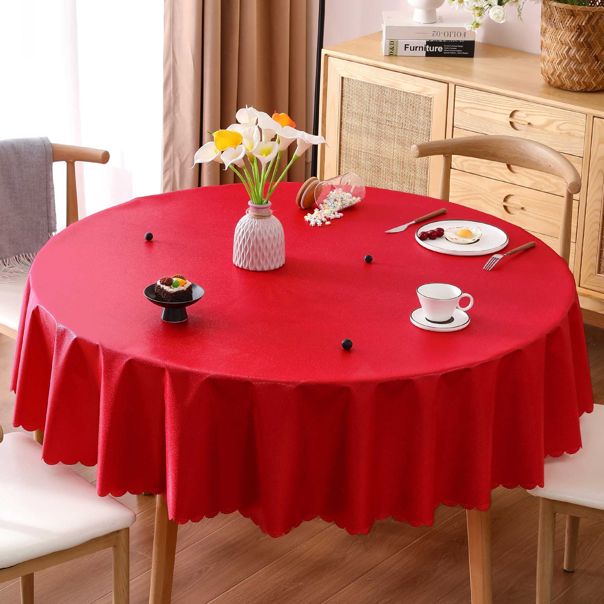 2024新年红色桌布免洗防水防油大圆桌喜庆氛围感餐饭店酒店餐桌布