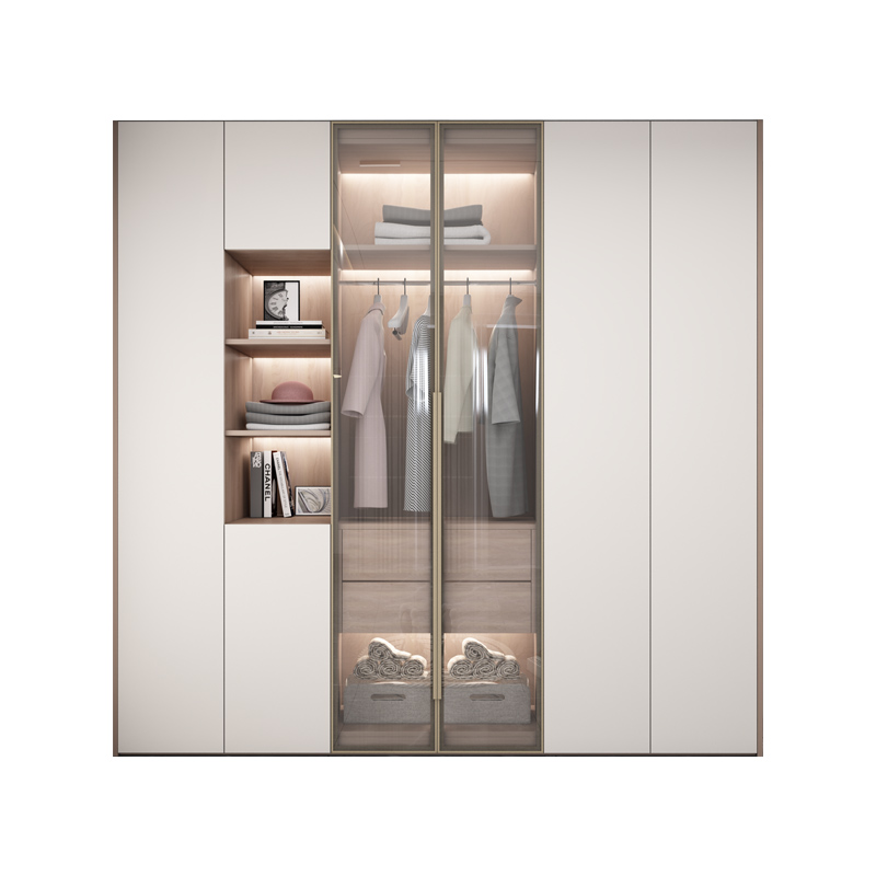 现代简约实木转角衣柜书桌一体家用卧室玻璃门大衣橱带学习桌