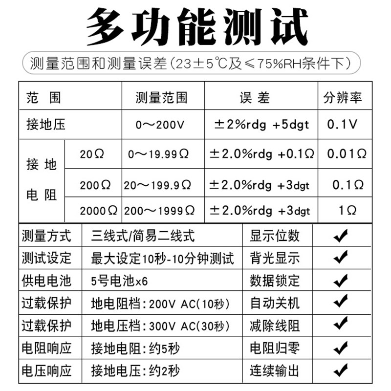 泰克曼接地电阻测试仪接地电阻表摇表地阻仪数字防雷测试仪TM105