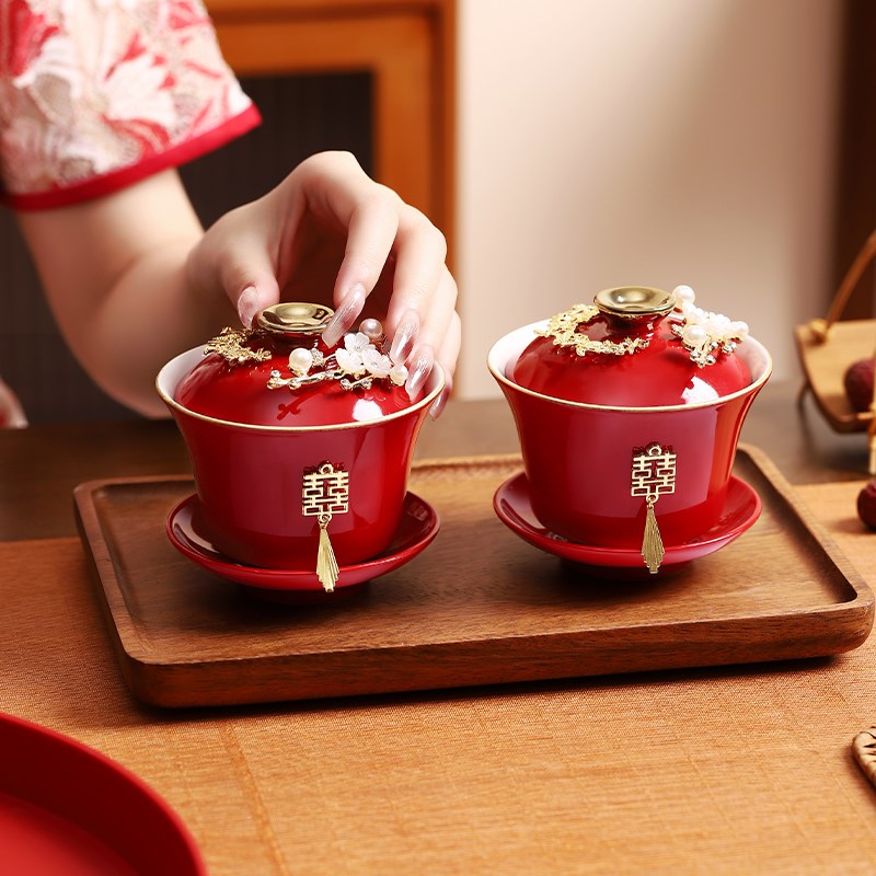 结婚敬茶杯子一对红色喜碗碗筷套装新人改口敬酒茶具陪嫁用品大全
