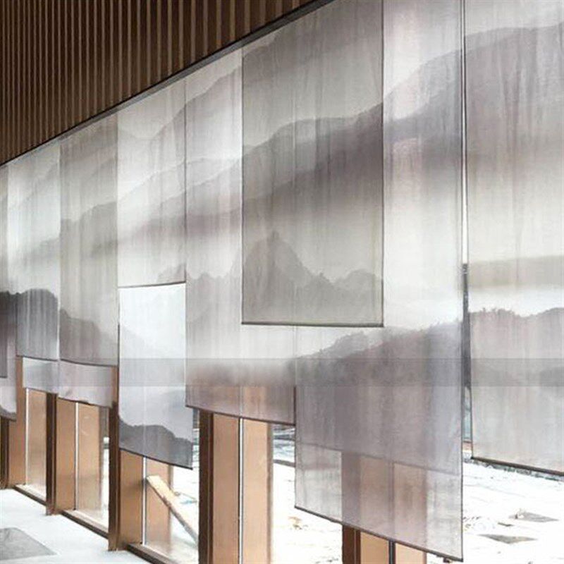 2021新款中式挂帘屏风软隔断帘玄关帘客厅升降半透山水画窗帘卷帘