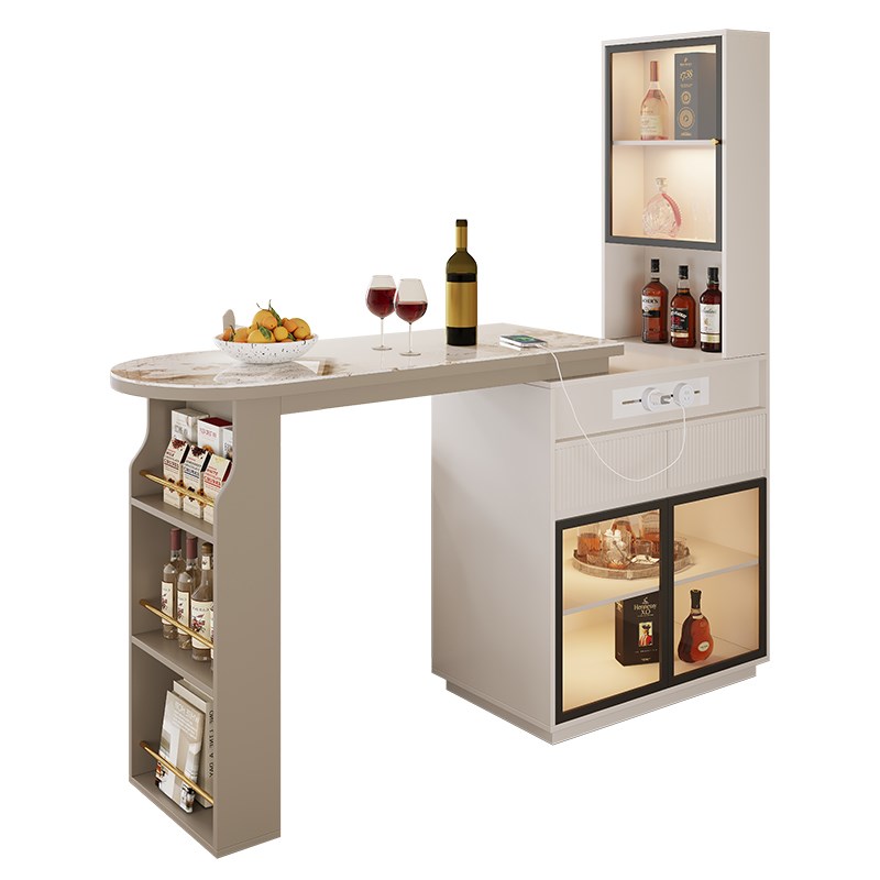 奶油岩板吧台桌酒柜一体客厅家用可伸缩隔断实木吧柜台多功能定制