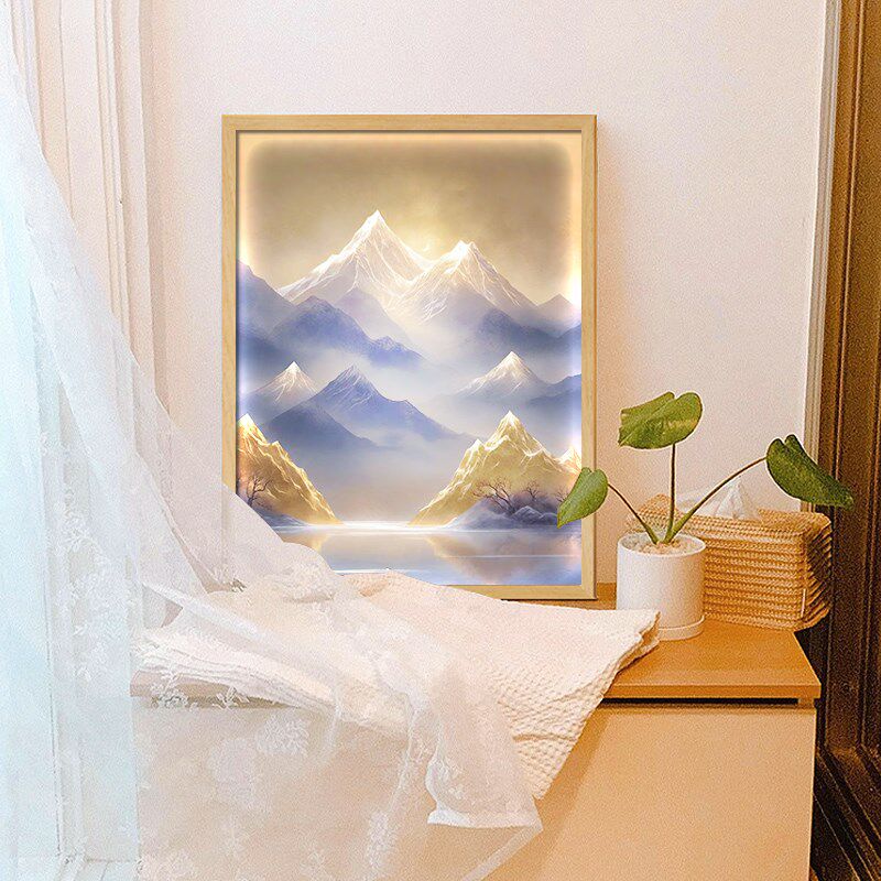 日照金山银山灯光画日出风景挂画发光小摆画装饰画雪山阳光太阳画