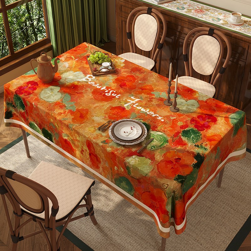 田园油画雪尼尔防水餐桌布圆桌方桌防尘台布定制电视柜茶几盖布
