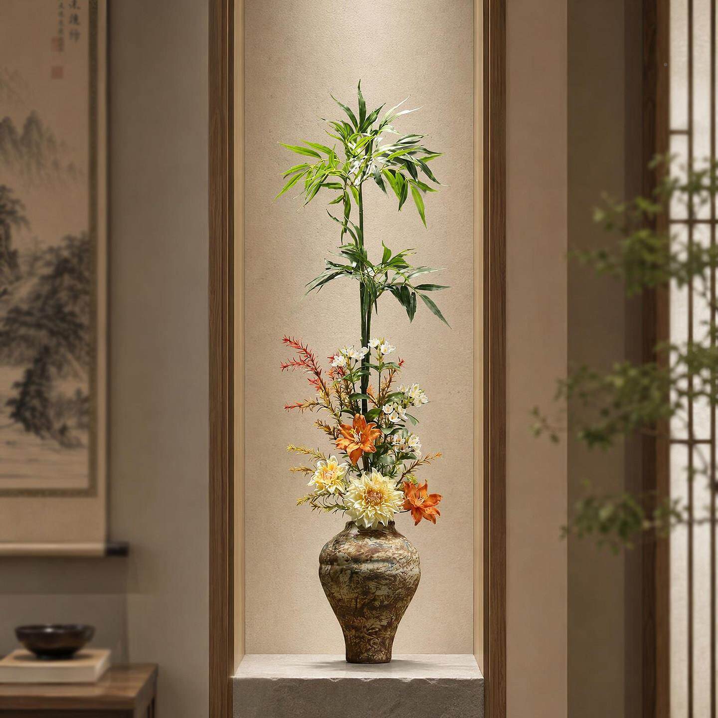 鱼尾花瓶新中式古陶瓷花瓶客厅店插入户玄关复装饰品酒壁龛瘦高花