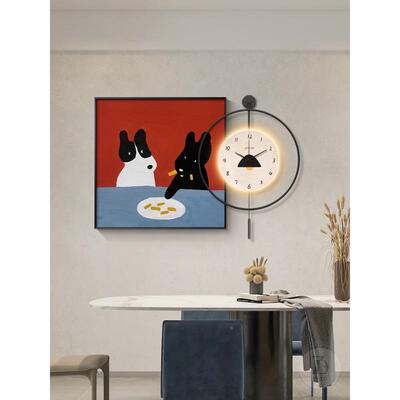 现简约餐厅装饰画带挂钟厅卡通小挂狗红代色饭厅102202-x墙壁画可